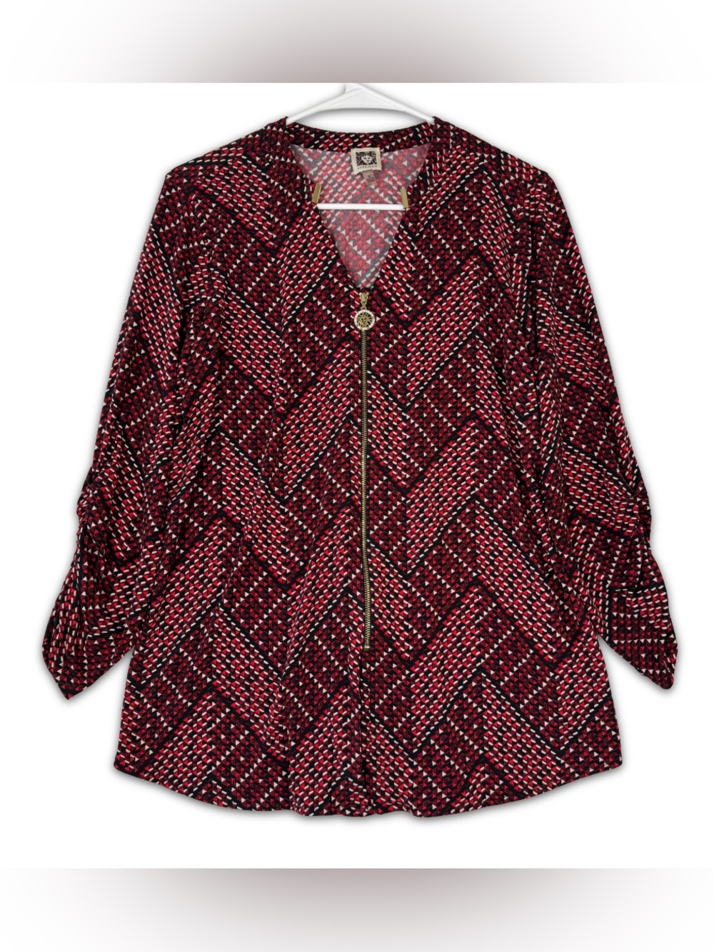 Anne Klein Front Zip Blouse Womens M Medium Red White Black Geo Gold Accents